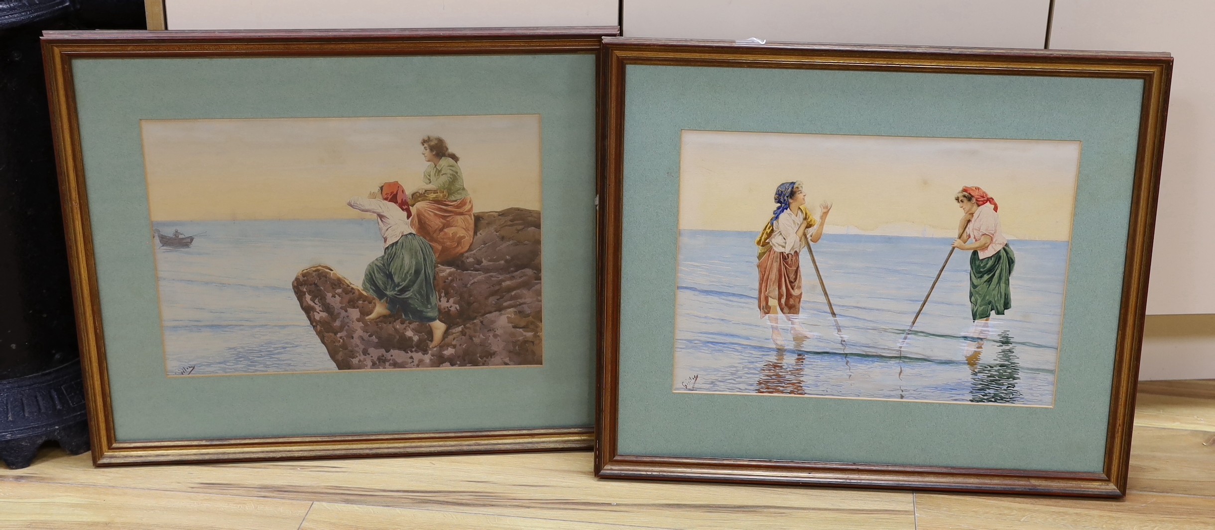 G. Filots , pair of watercolours, Fishermen's wives raking seaweed and Seated on the cliffs, signed, 32 x 44cm